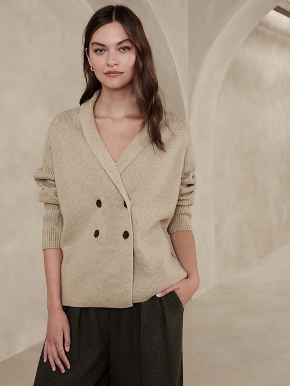 BANANA REPUBLIC Double Breasted Chunky Knit Cardigan Old Money Heritage Chic M
